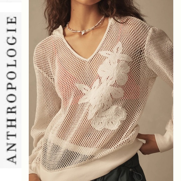 NWOT Anthropologie Daily Practice White Embroidered Mesh Hooded Pullover m - Picture 3 of 12